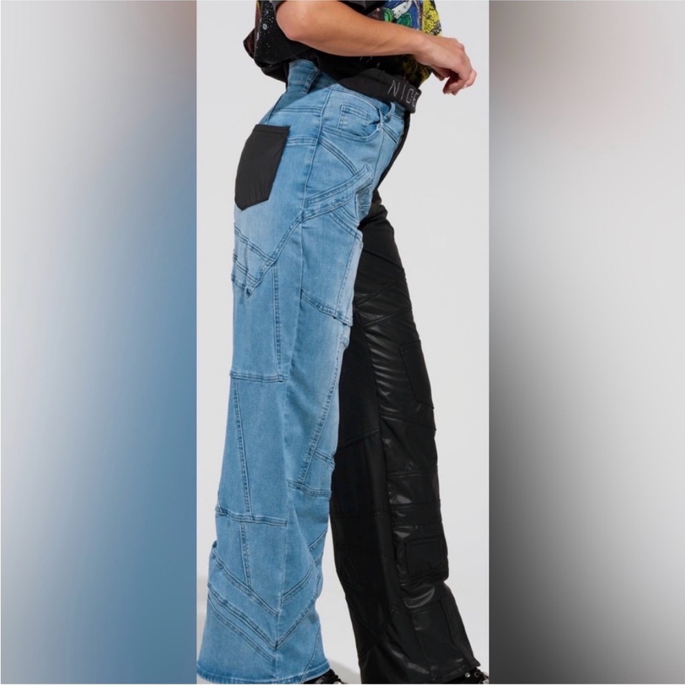 AKIRA Black Faux Leather and Blue Denim Patchwork Straight Leg Jeans - Picture 3 of 5